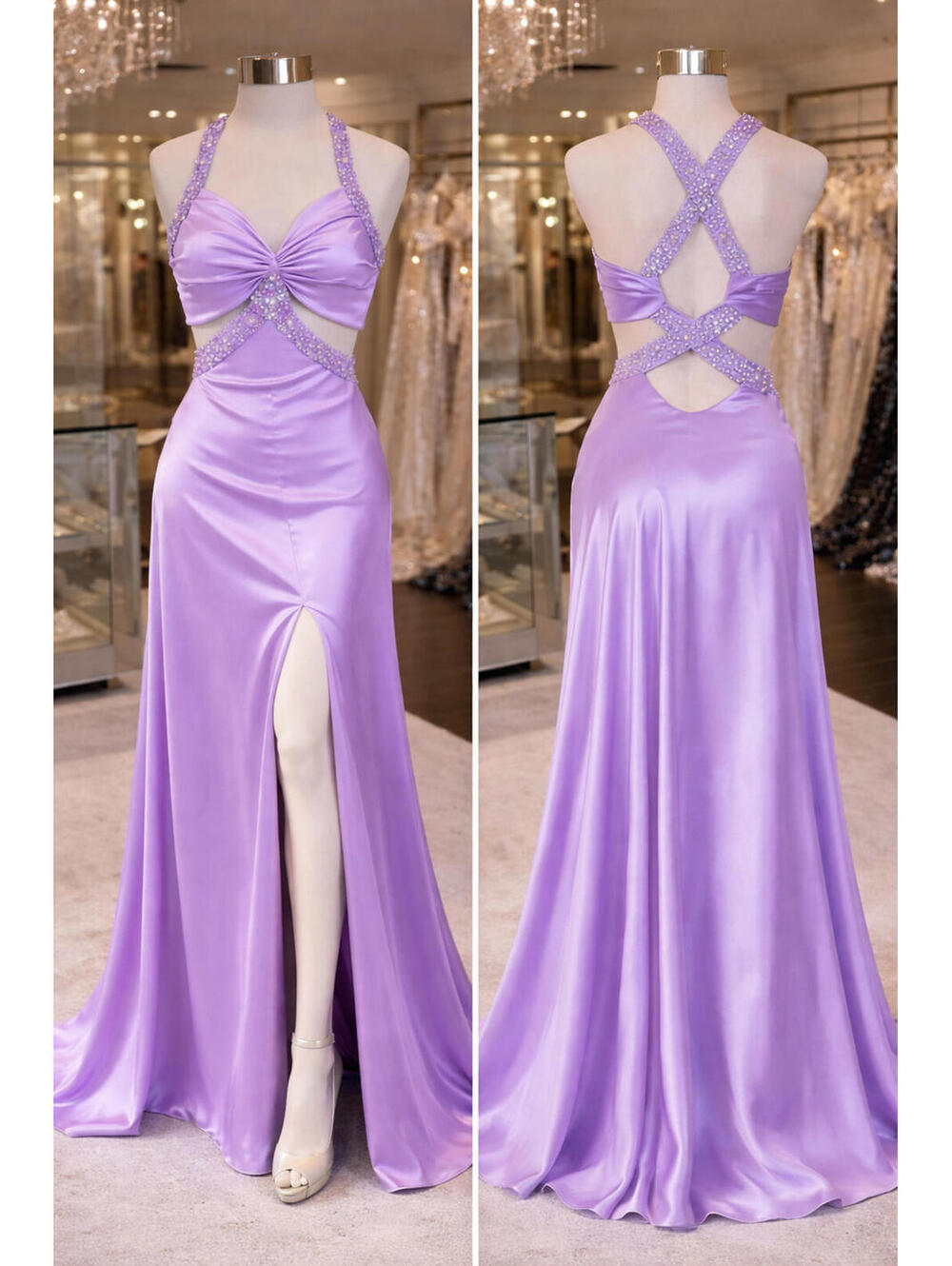 Lilac Satin Evening Gown Beaded Halter Open Back Slit Formal Prom Elegant sz 6